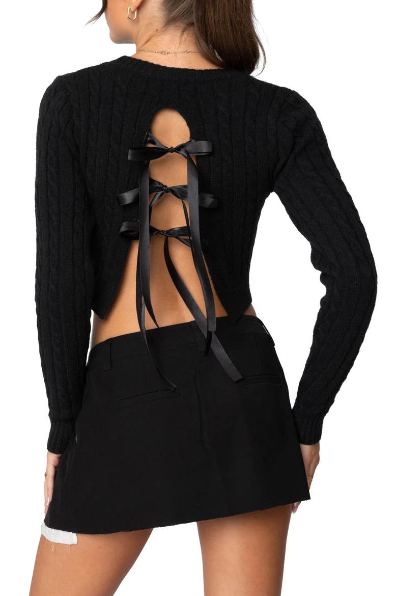 Bow Accent Cable Stitch Crop Sweater, Alternate, color, BLACK