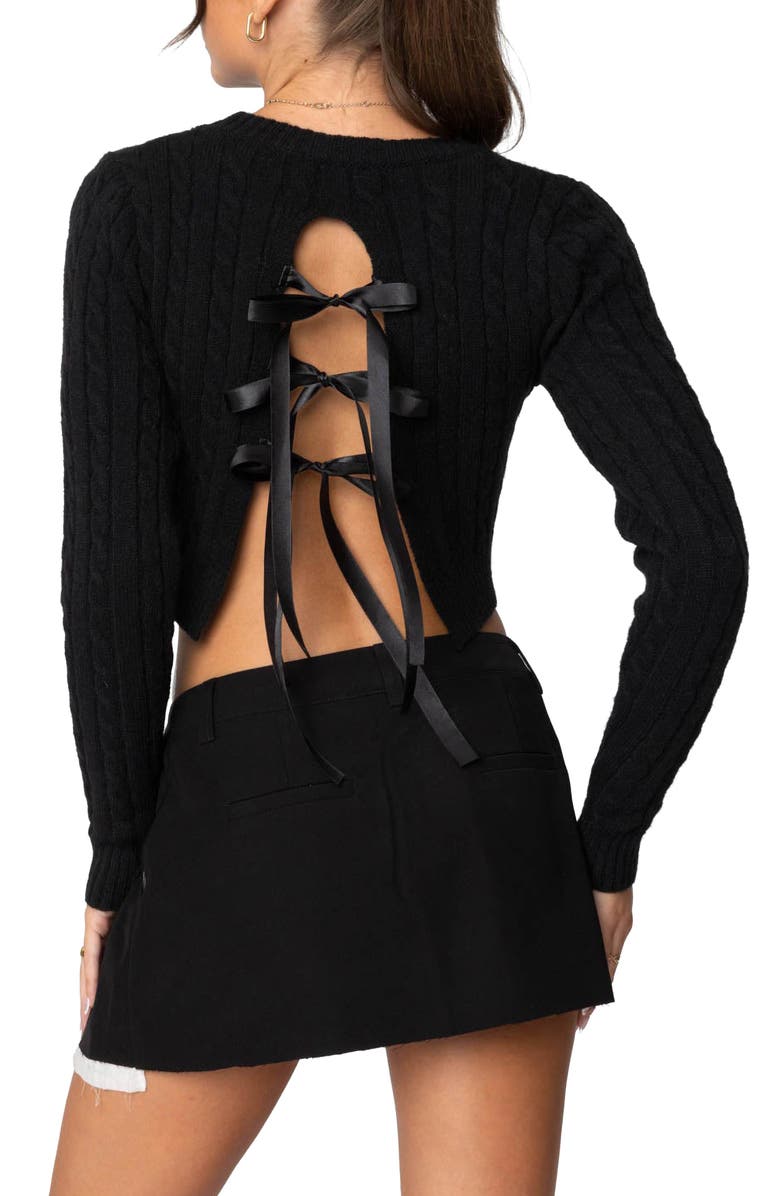 EDIKTED Bow Accent Cable Stitch Crop Sweater, Alternate, color, Black
