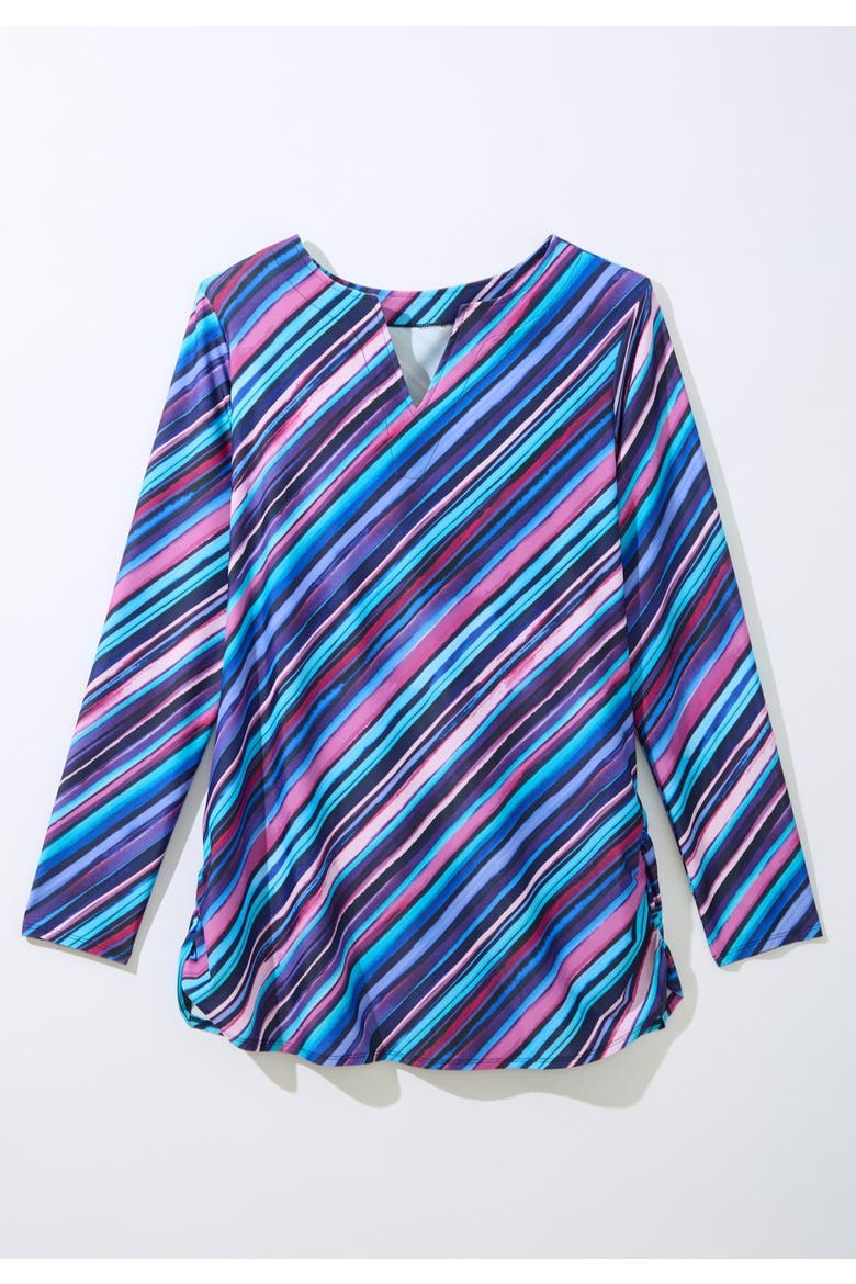 Split Neck Long Sleeve Swim Tee With Built In Bra, Alternate, color, MULTI WATERCOLOR STRIPE