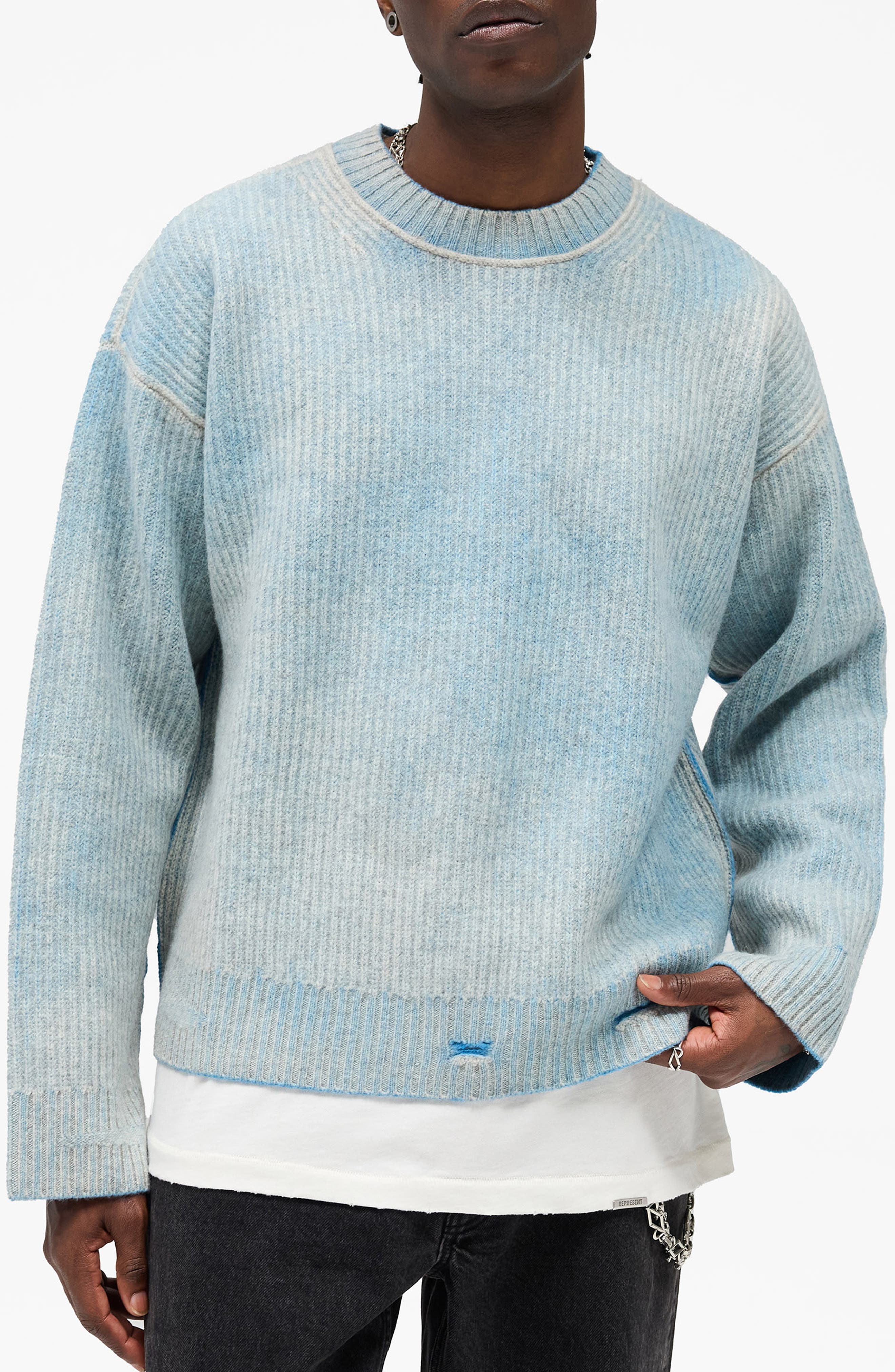 Represent Oversize Reversible Fade Out Distressed Wool Crewneck