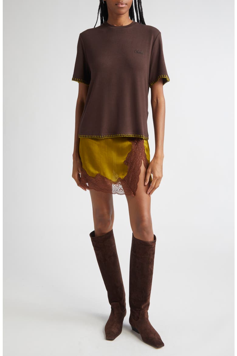 Niera Lace Trim Satin Miniskirt, Alternate, color, KHAKI