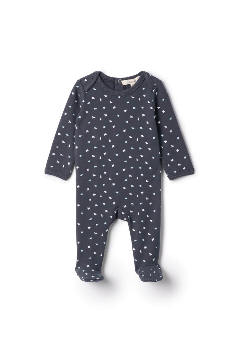 Fragile Boy Bird Print French Fleece Romper, Main, color, Navy