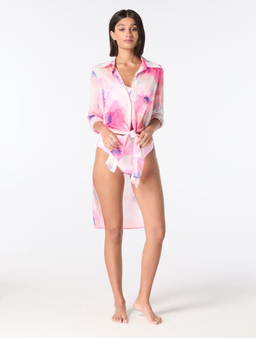 Carmen Marc Valvo Tie Front Cover Up Midi Shirt In White