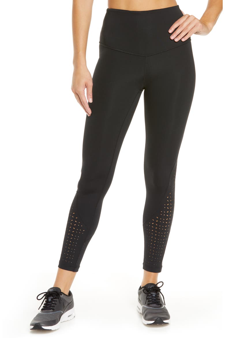 Nova High Waist Perforated Ankle Leggings, Main, color, BLACK