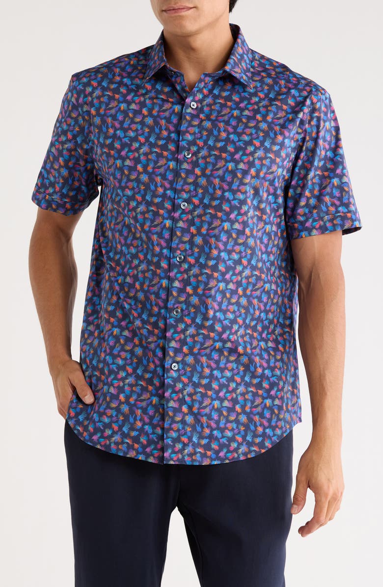 Bugatchi Orson Short Sleeve Stretch Cotton Button-Up Shirt, Main, color, Midnight