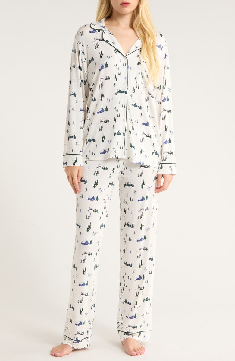 Eberjey Gisele Printed Long Pajamas, Main, color, Ski Chalet Ivory/ Pin