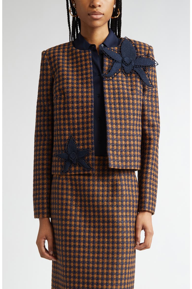 Orchid Embroidered Check Tweed Jacket, Main, color, COGNAC/ NAVY
