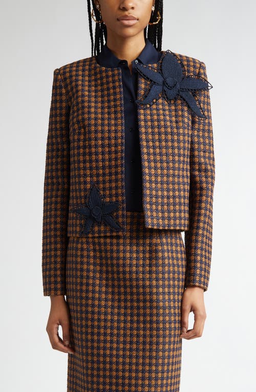 Oscar De La Renta Orchid Embroidered Check Tweed Jacket