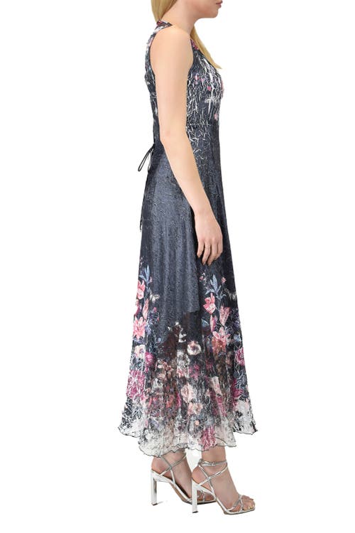 Komarov Floral Long Dress With Lace Up Back Detail In Gray