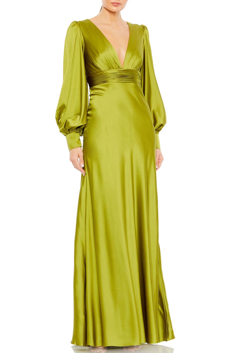 Mac Duggal Charmeuse Bishop Sleeve V-Neck Gown, Main, color, Apple Green