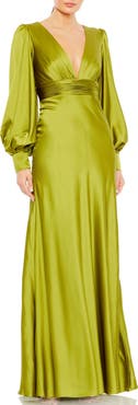 Mac Duggal Charmeuse Bishop Sleeve V Neck Gown
