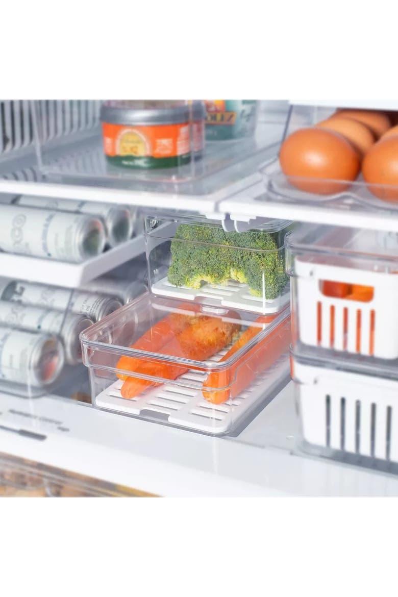 Clear Stackable Fridge Organizer Bin with Drain Tray and Vented Lid, 4 Pack, Alternate, color, Clear with White Drainer