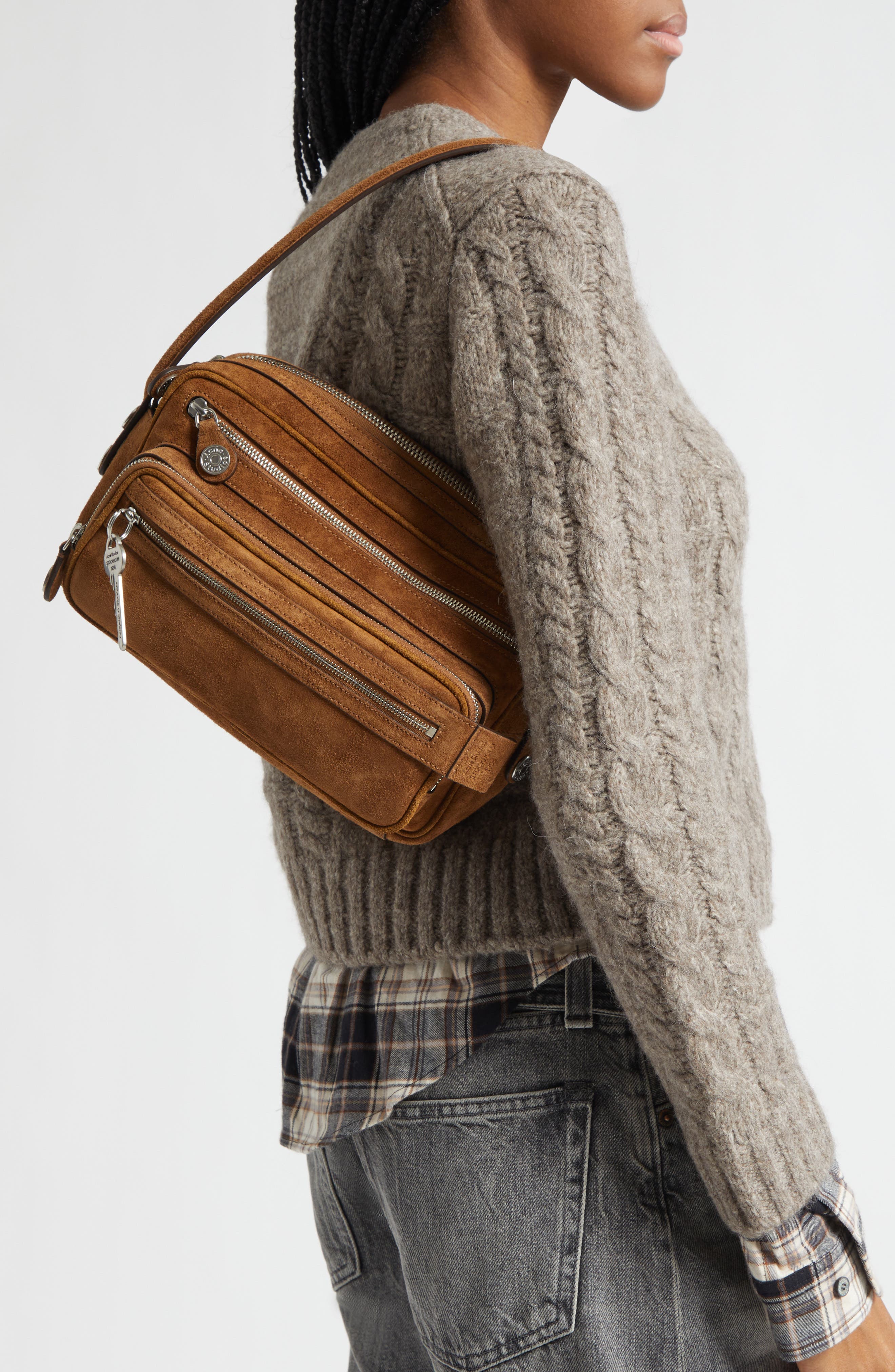 Acne Studios Camero Party Suede Shoulder Bag, Alternate, color, Cognac Brown