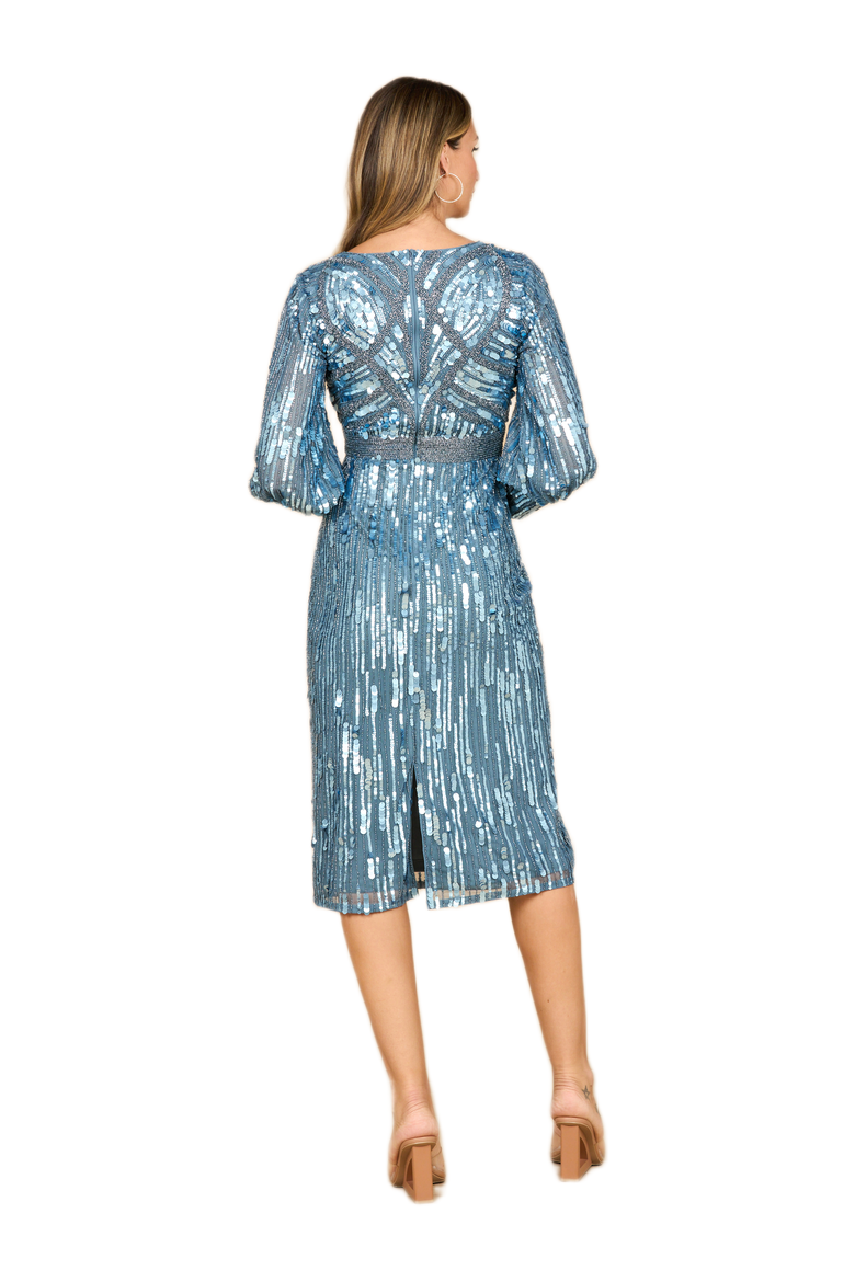 Beaded A-line Midi Dress with Long Sleeves, Alternate, color, Slate Blue