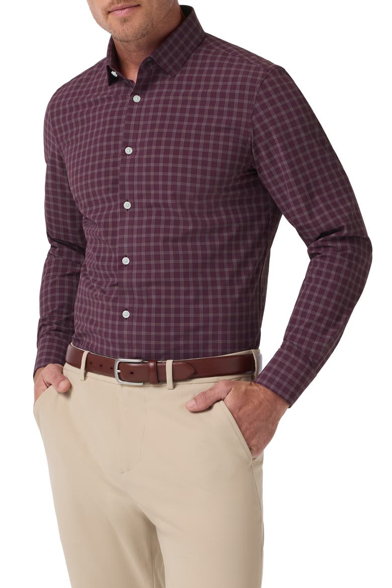 Leeward Trim Fit Plaid Performance Button-Up Shirt, Main, color, MERLOT COLE PLAID