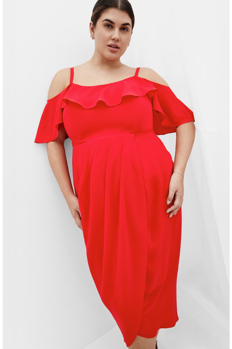 Flirtation Ruffle Off the Shoulder Cocktail Dress, Alternate, color, TIGERLILY