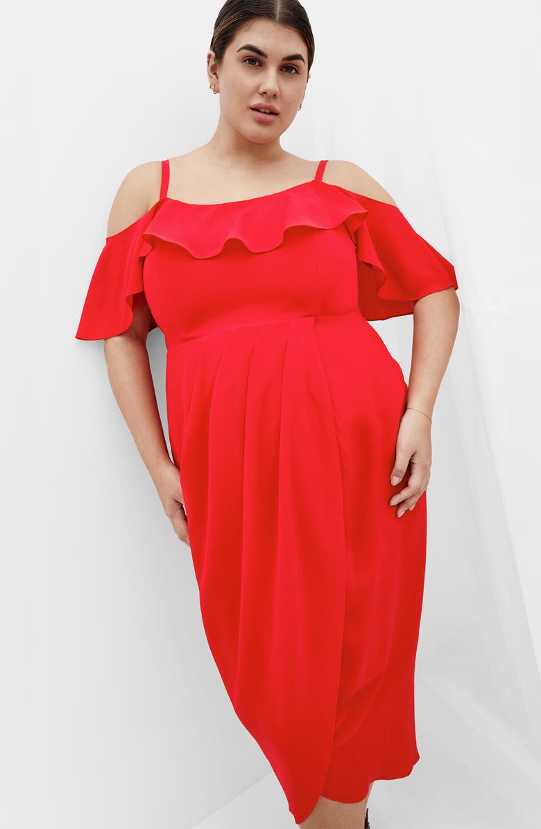 City Chic Flirtation Ruffle Off the Shoulder Cocktail Dress, Alternate, color, Tigerlily