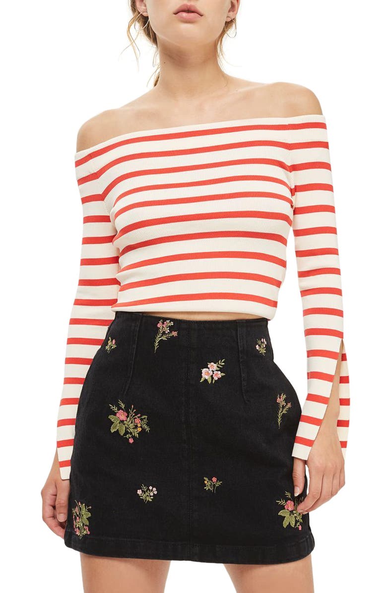Topshop Romantic Floral Denim Miniskirt, Main, color, 