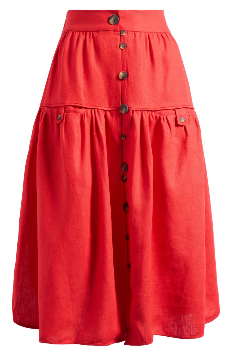FARM Rio Mixed Buttons Linen Midi Skirt, Alternate, color, Red