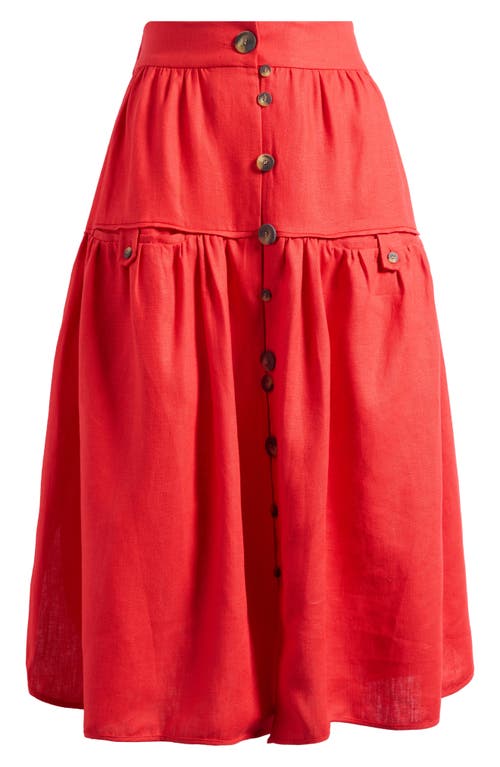 Farm Rio Mixed Buttons Linen Midi Skirt In Red