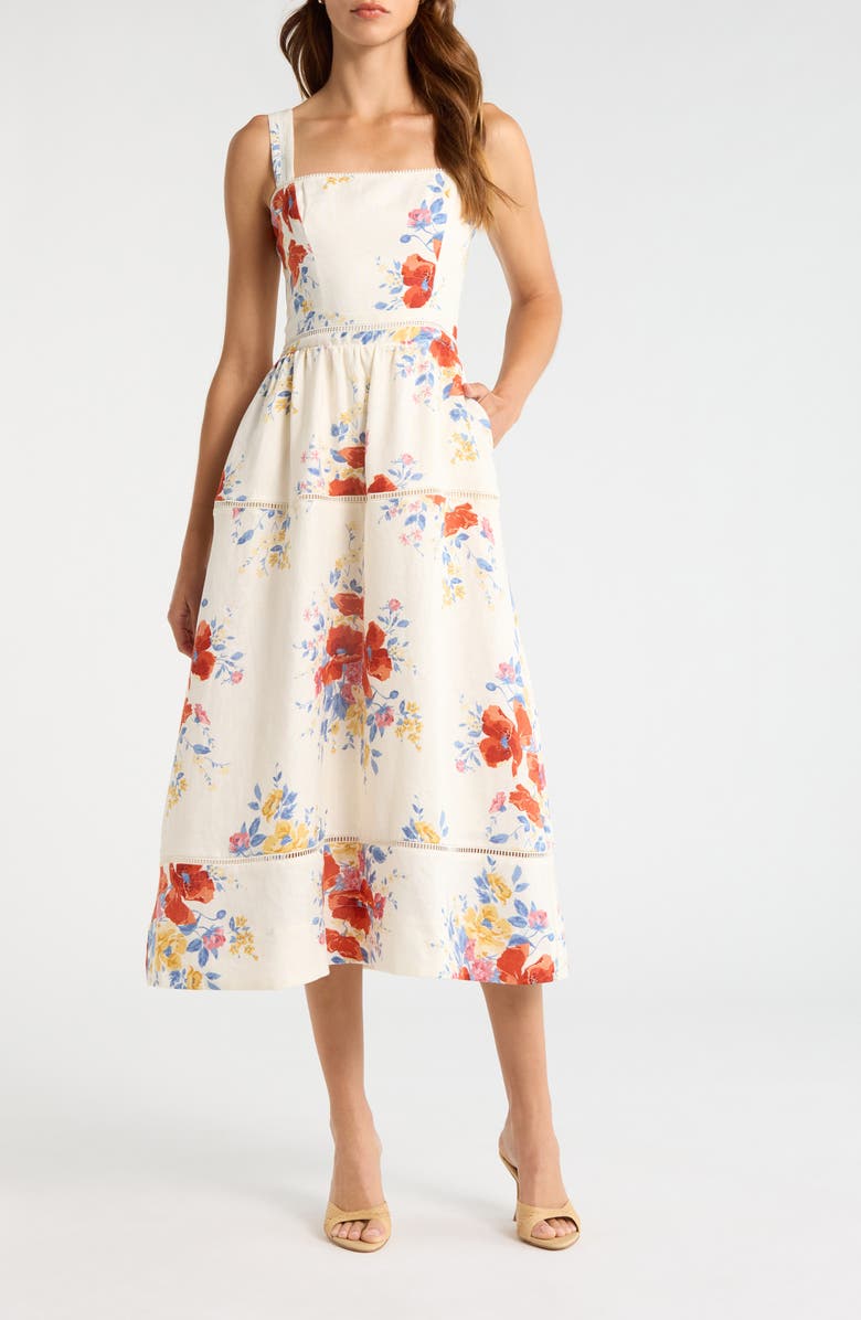 Reformation Everett Floral Print Linen Dress, Main, color, Soprano