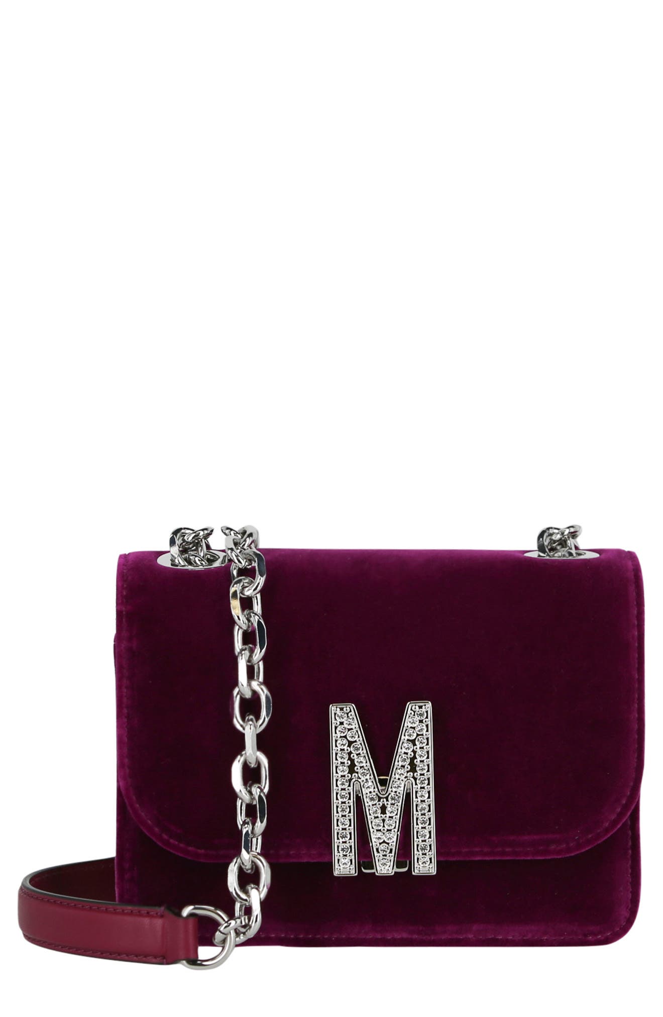 Moschino Crystal Logo Velvet Crossbody Bag, Main, color, 