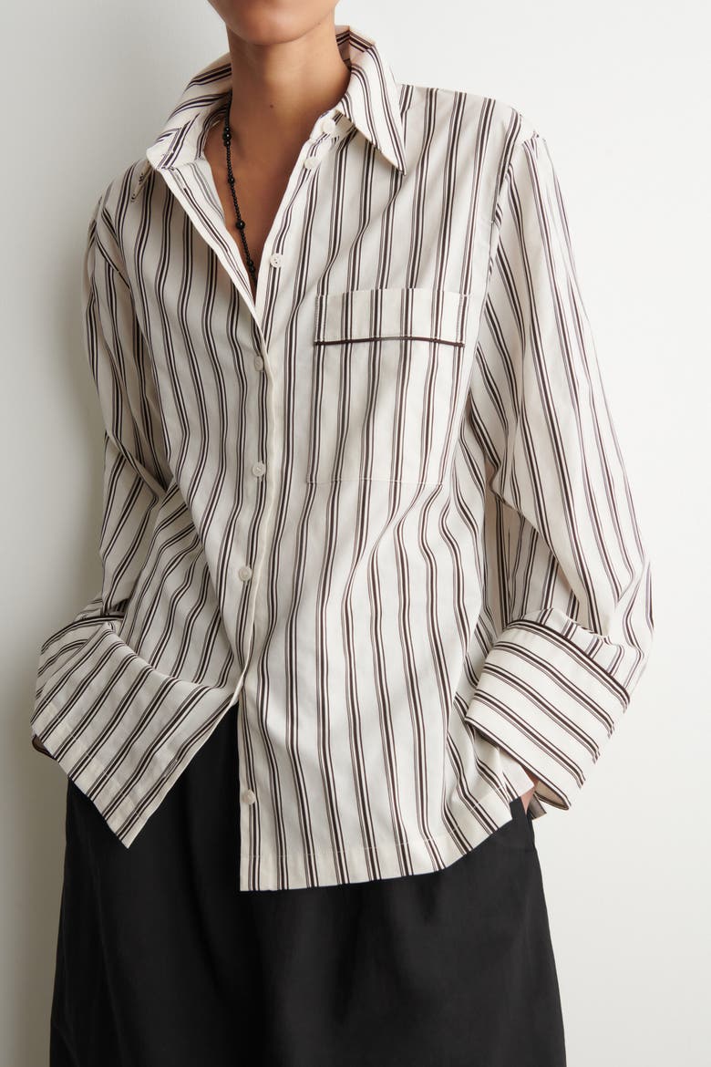 Piped Striped Cotton Shirt, Alternate, color, WHITE / BROWN / STRIPED