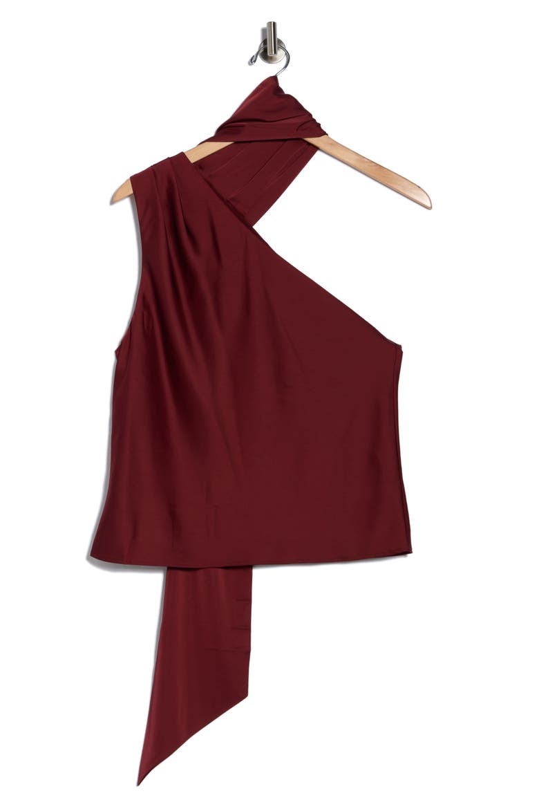 Tie Neck One-Shoulder Satin Top, Alternate, color, BURNT RED