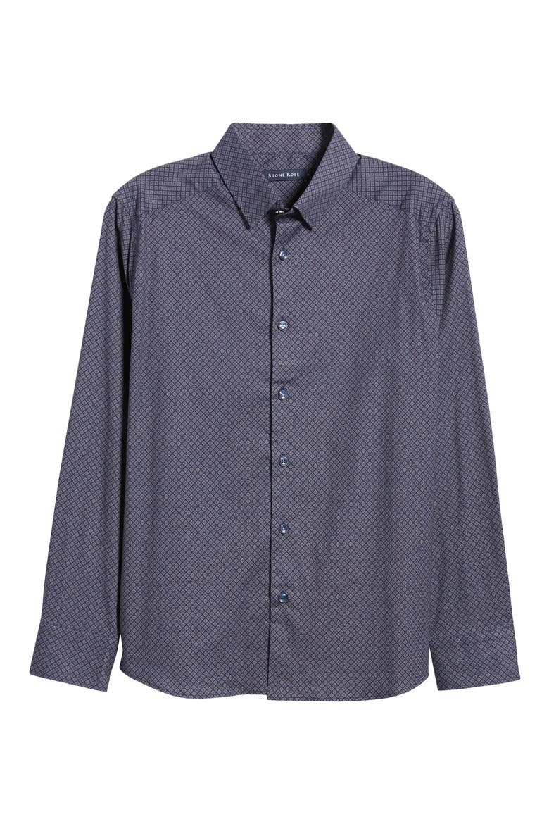 Geometric Print Stretch Button-Up Shirt, Alternate, color, NAVY