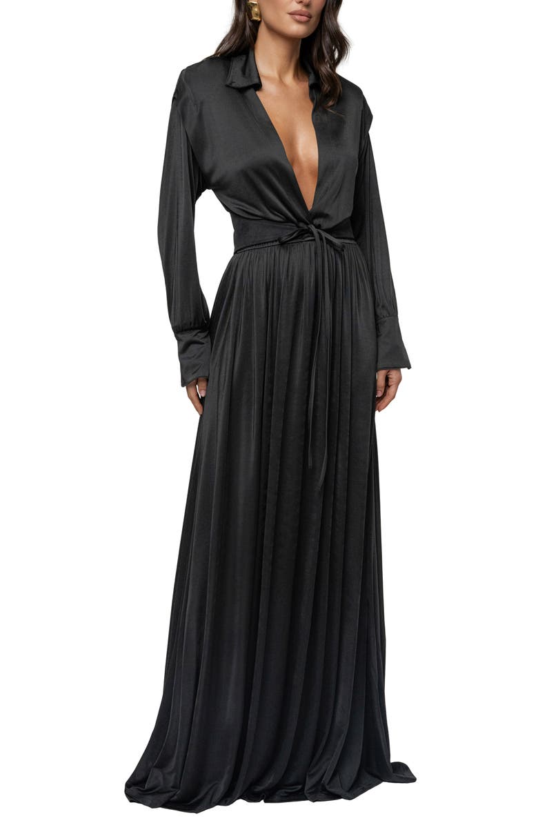 JLUXLABEL Collar Long Sleeve Satin Gown, Alternate, color, Black