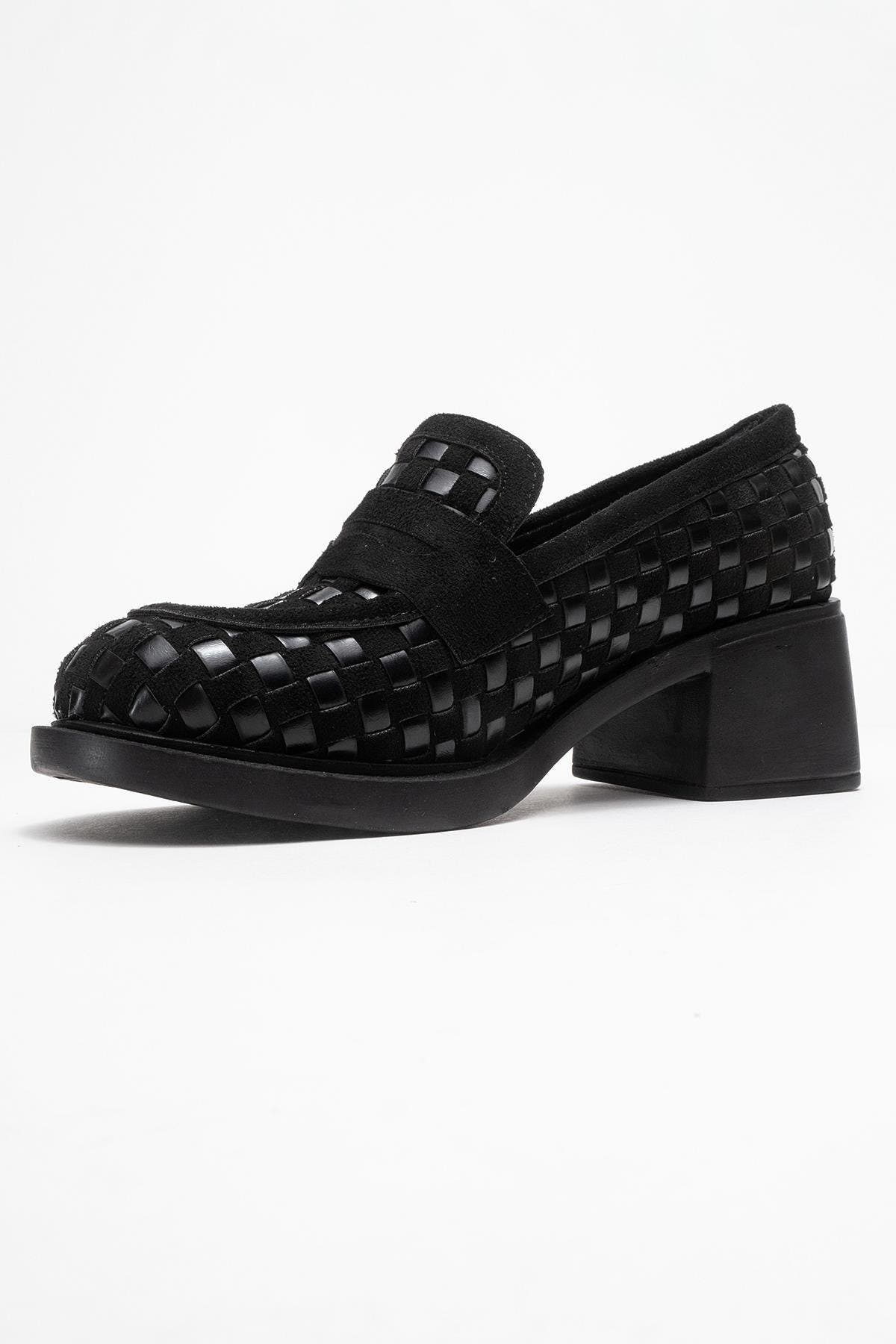 Prologue Shoes Marlon Woven Block Heel Loafer, Alternate, color, Black Faux Leather