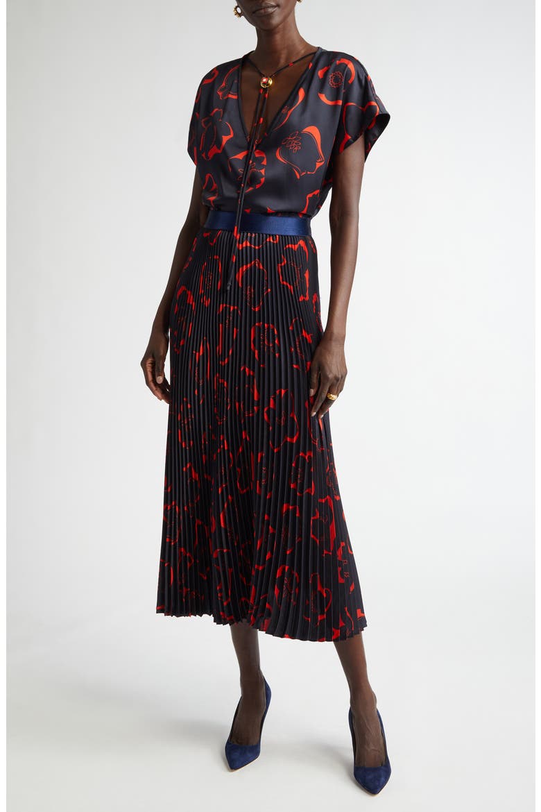 '50s Floral Print Pleated Skirt, Alternate, color, MIDNIGHT/ GERANIUM