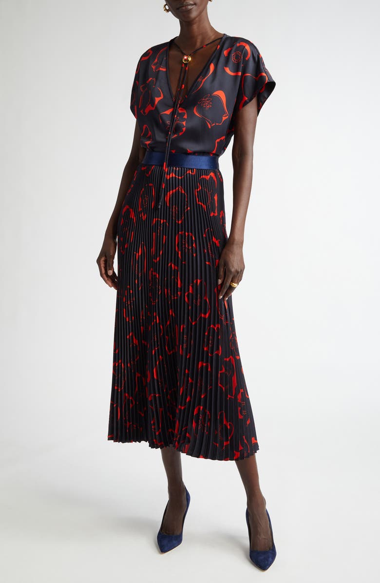 ST. JOHN '50s Floral Print Bolo Tie Top, Alternate, color, Midnight/ Geranium