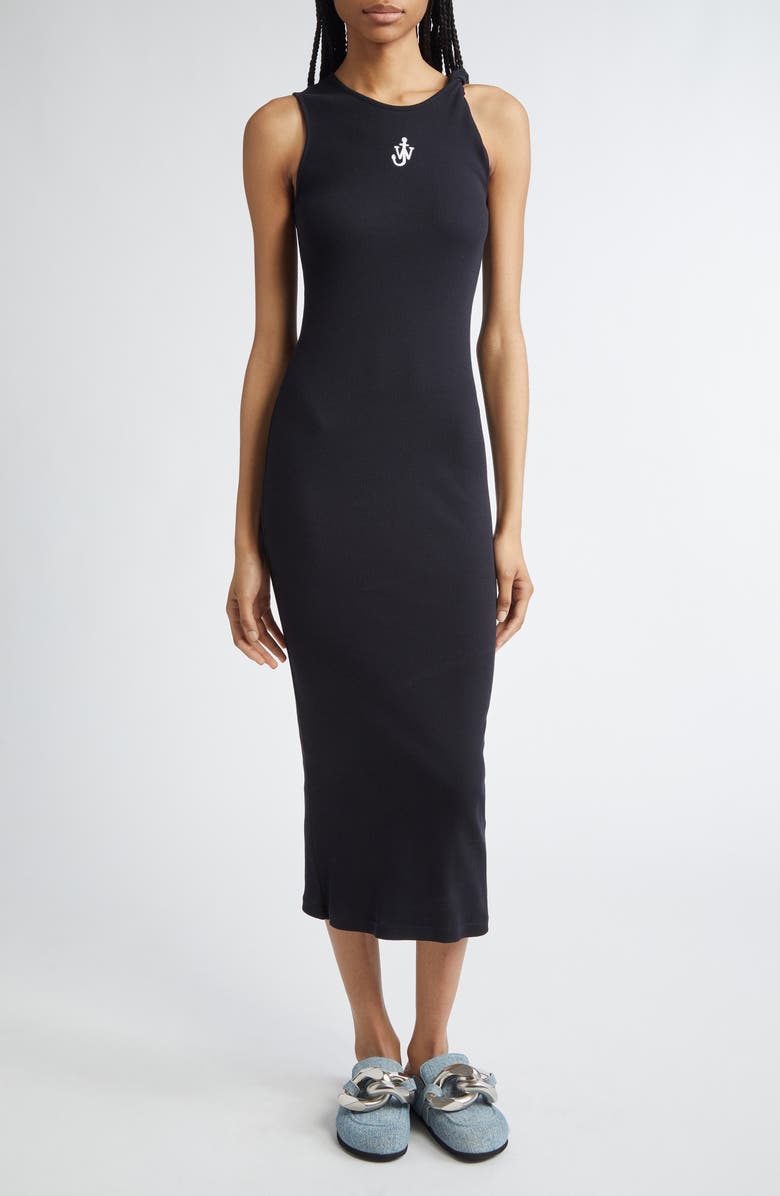 JW Anderson Anchor Logo Twist Strap Rib Tank Dress, Main, color, 999 Black