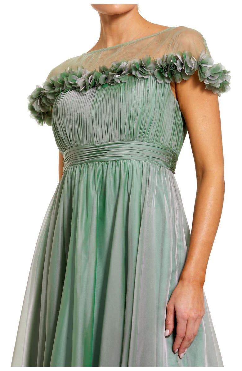 Mac Duggal Chiffon Illusion Neck Midi Dress With 3D Flowers, Alternate, color, Sage