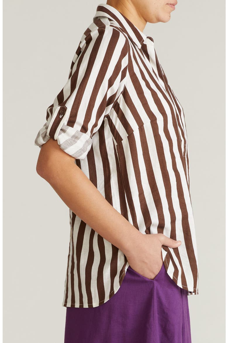 Button Back Linen Blend Polo, Alternate, color, PEPPERCORN STRIPE