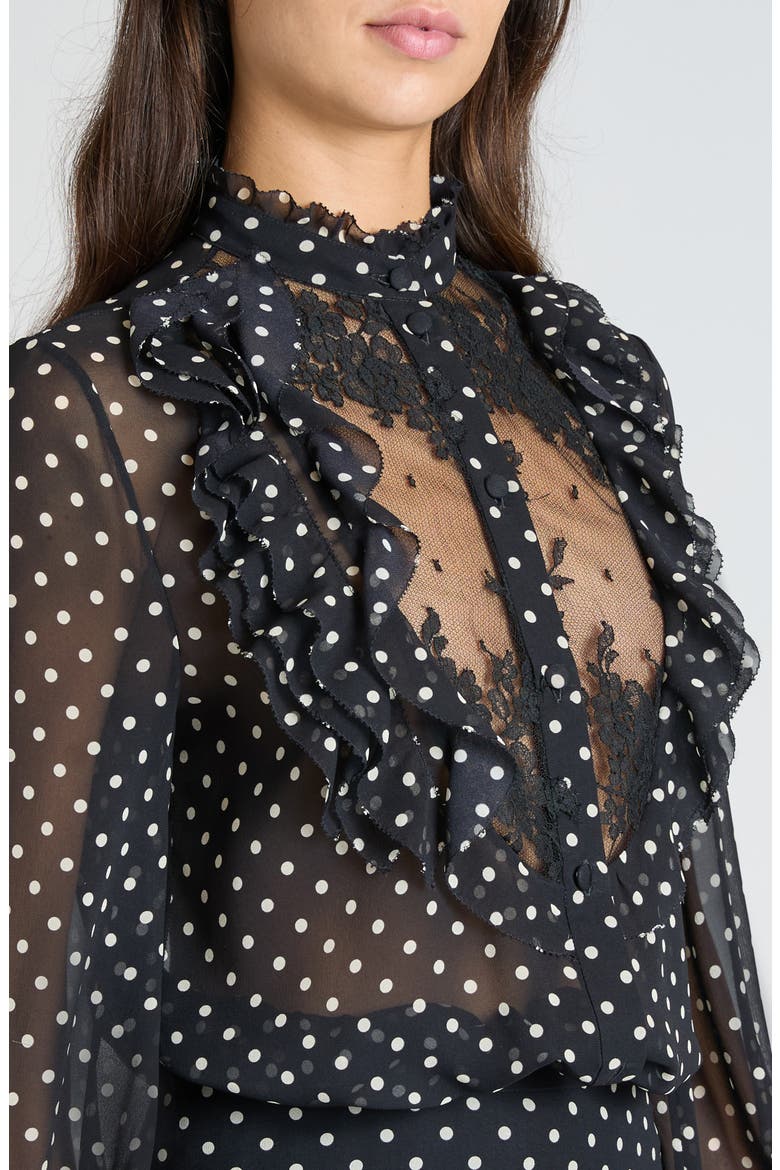 Polka Dot Tulle Bib Button-Up Shirt, Alternate, color, NERO/ BETULLA