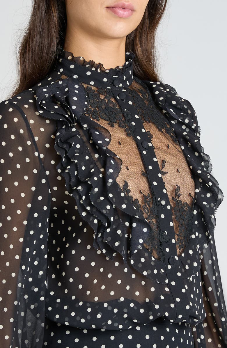 Valentino Garavani Polka Dot Tulle Bib Button-Up Shirt, Alternate, color, Nero/ Betulla