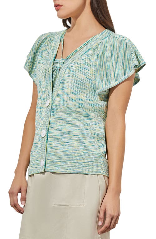 Ming Wang Space Dye Flutter Sleeve Cardigan In White/bermuda/lime
