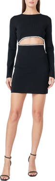 Endless Rose Rhinestone Cutout Detail Long Sleeve Knit Minidress