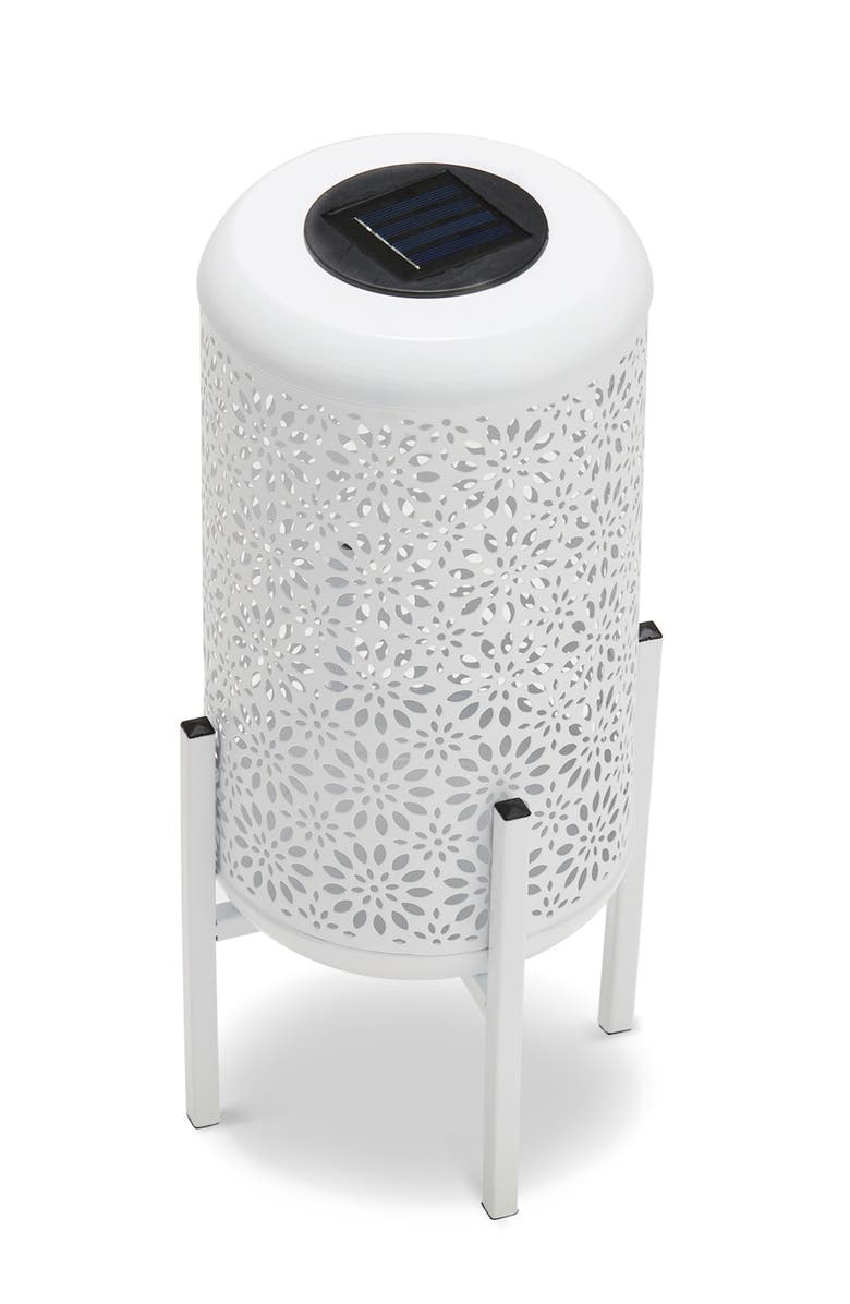 Glitzhome Metal Cutout Flowers LED Solar Powered Outdoor Lantern with Stand, Alternate, color, White
