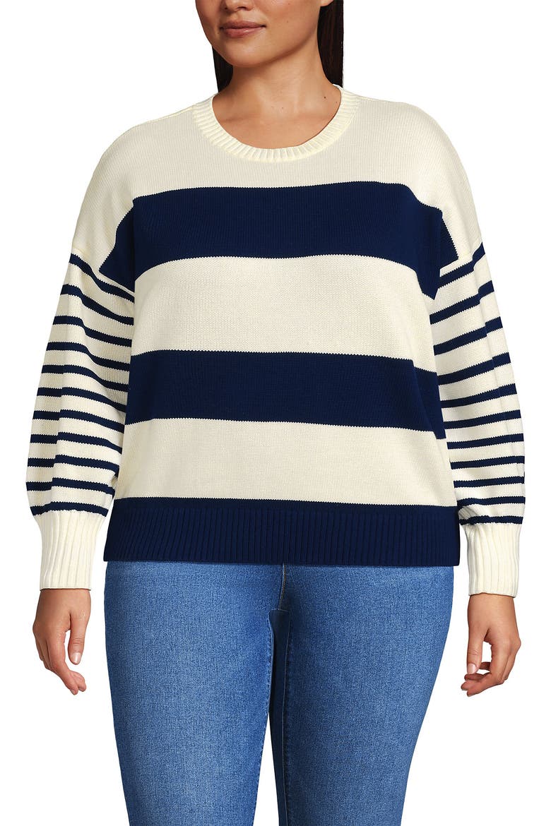 Plus Size Cotton Drifter Novelty Jacquard Crew Neck Sweater, Main, color, Navy/Fresh Ivory Wide Stripe