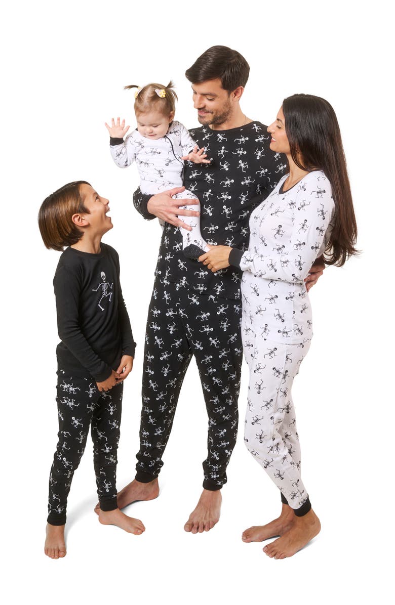 Leveret Kids Two-Piece Cotton Halloween Matching Family Pajamas, Fun Prints, Alternate, color, White Skeleton