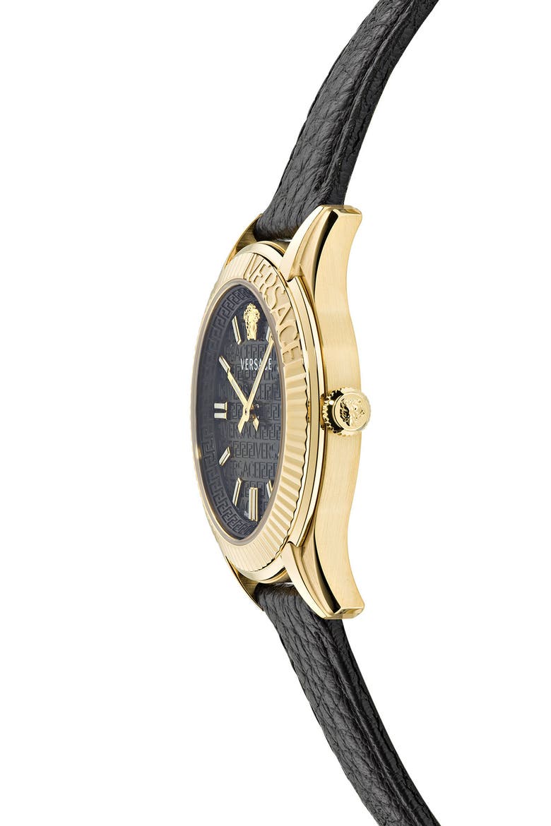 Greca Time Leather Strap Watch, 35mm, Alternate, color, IP YELLOW GOLD