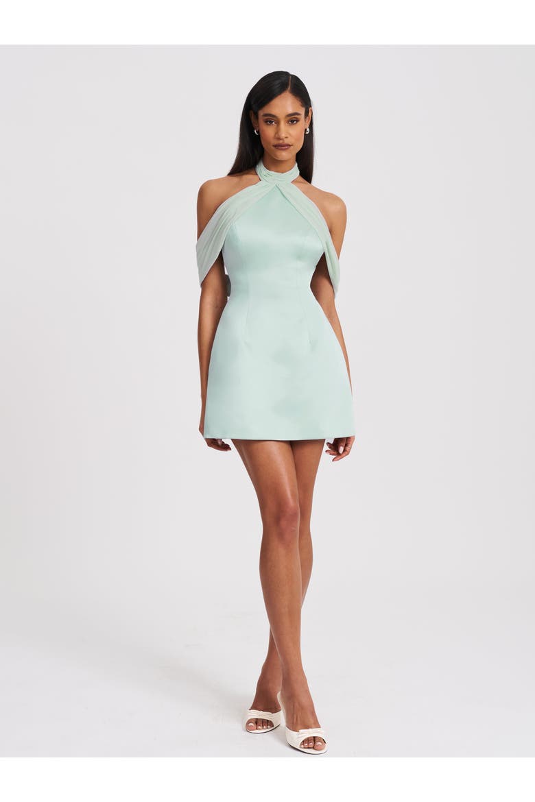 Zafrina Halter Off-shoulder Backless Mini Dress, Alternate, color, Light Cyan