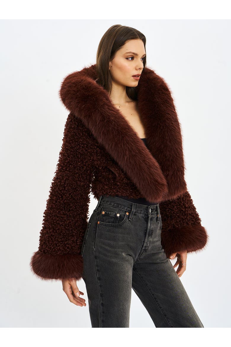 Cropped Kali Vegan Shearling Fur Hooded Jacket, Alternate, color, Mahogany