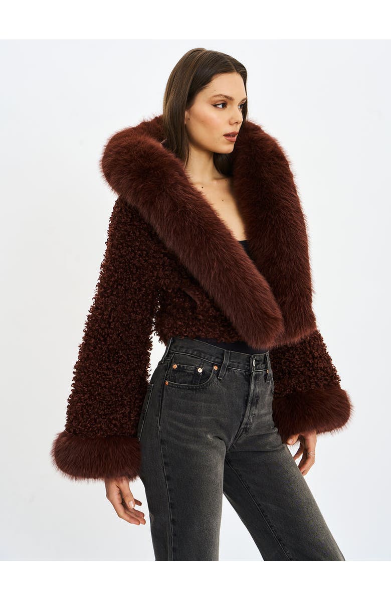 Miss Circle Cropped Kali Vegan Shearling Fur Hooded Jacket, Alternate, color, Mahogany