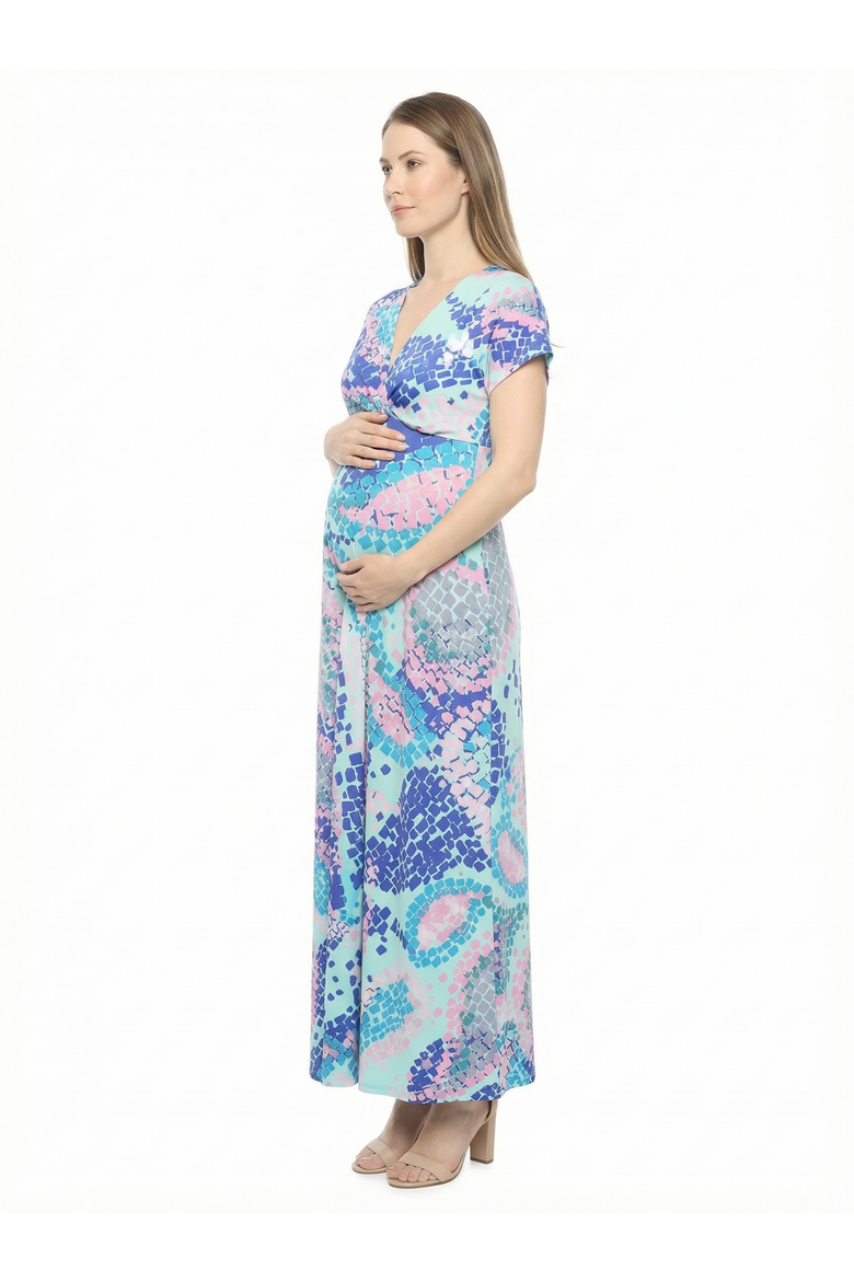 Maternity Abstract V-Neck Empire Waist Cap Sleeve Maxi Dress, Alternate, color, Blue Multi
