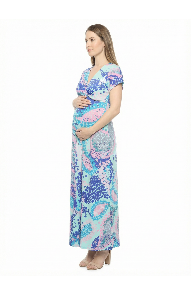 24seven Comfort Apparel Maternity Abstract V-Neck Empire Waist Cap Sleeve Maxi Dress, Alternate, color, Blue Multi