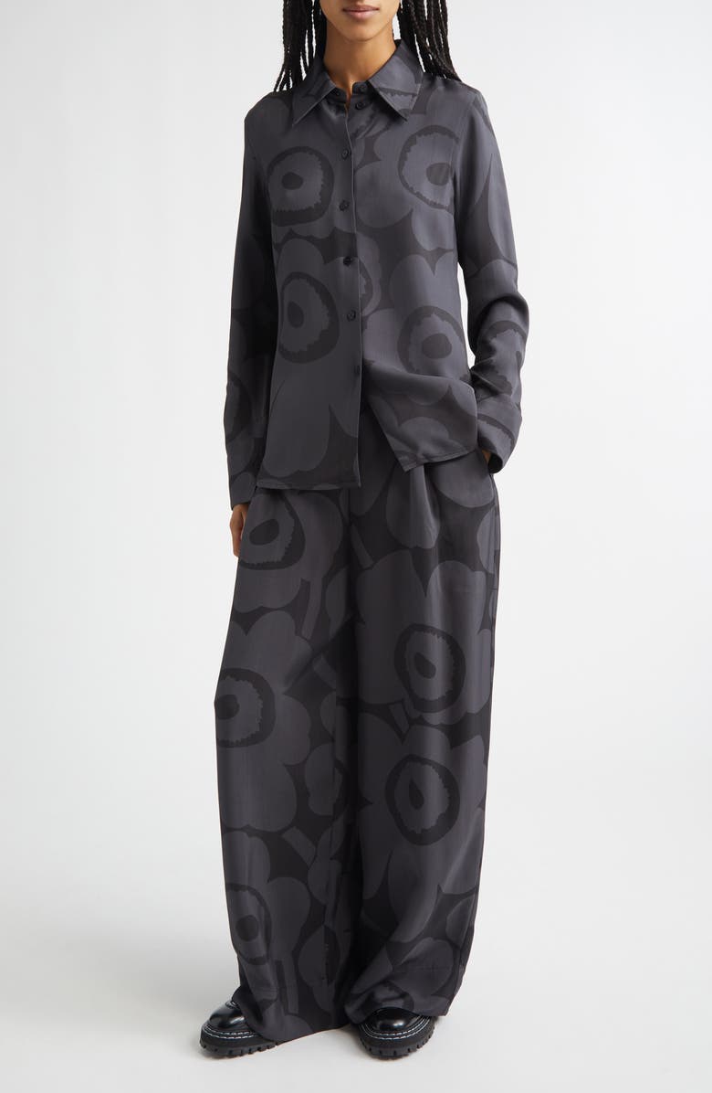 Marimekko Nhtvyys Unikko Pleated Wide Leg Twill Pants, Alternate, color, Black/ Dark Grey